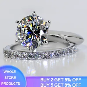 Luxury 1.5Ct Zircon Rings Set Solid White Tibetan Silver Wedding Band Set for Women Stackable Ring Allergy Free Jewelry