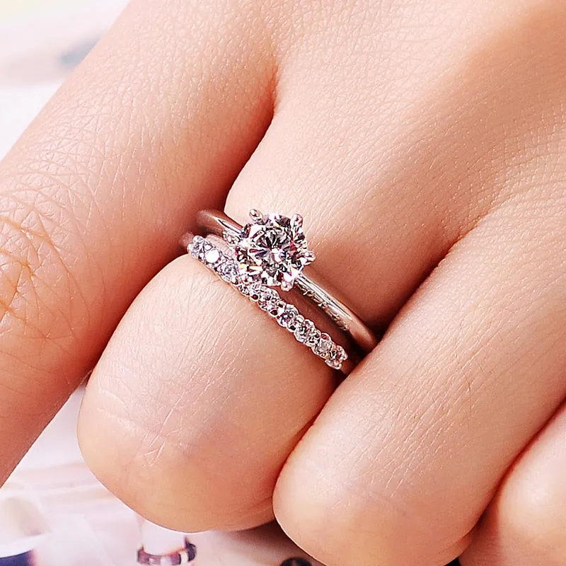 Luxury 1.5Ct Zircon Rings Set Solid White Tibetan Silver Wedding Band Set for Women Stackable Ring Allergy Free Jewelry