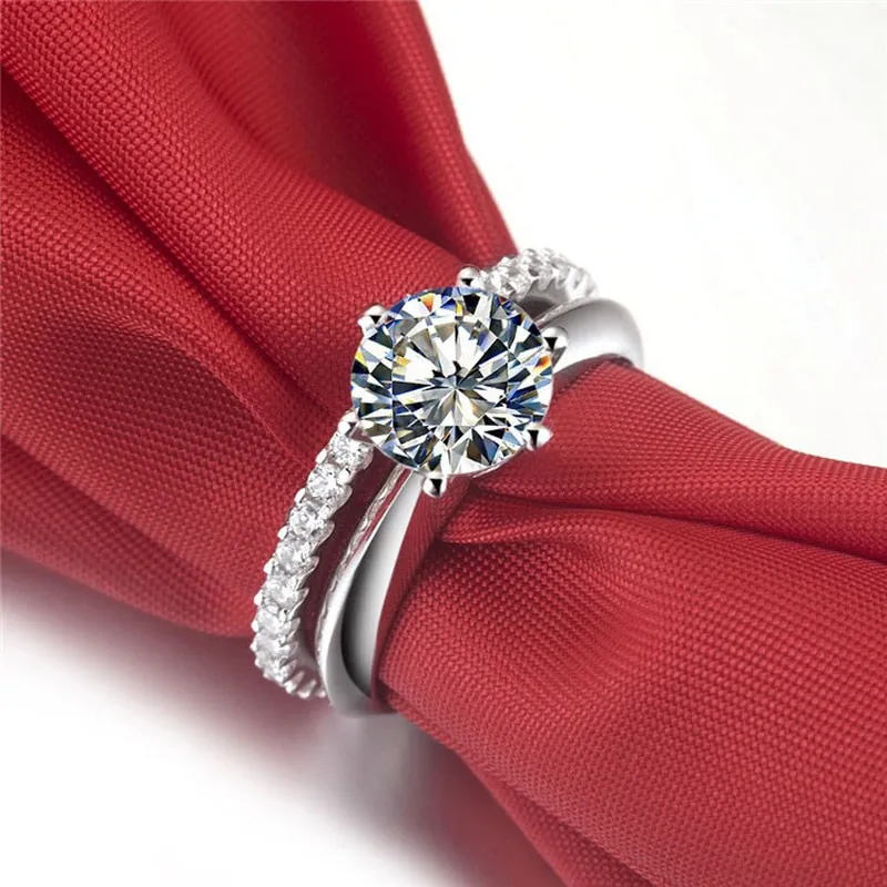 Luxury 1.5Ct Zircon Rings Set Solid White Tibetan Silver Wedding Band Set for Women Stackable Ring Allergy Free Jewelry