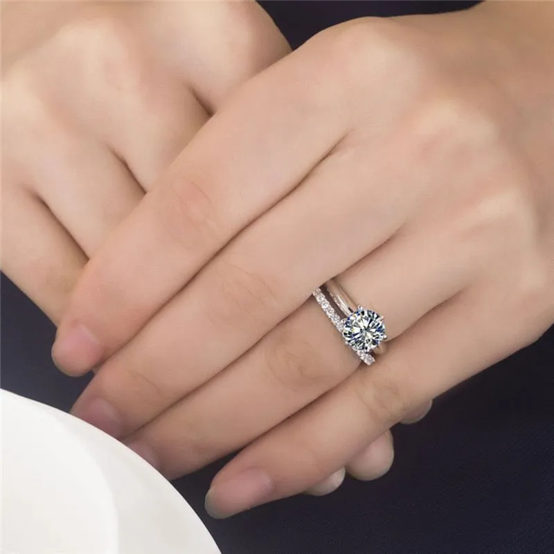 Luxury 1.5Ct Zircon Rings Set Solid White Tibetan Silver Wedding Band Set for Women Stackable Ring Allergy Free Jewelry