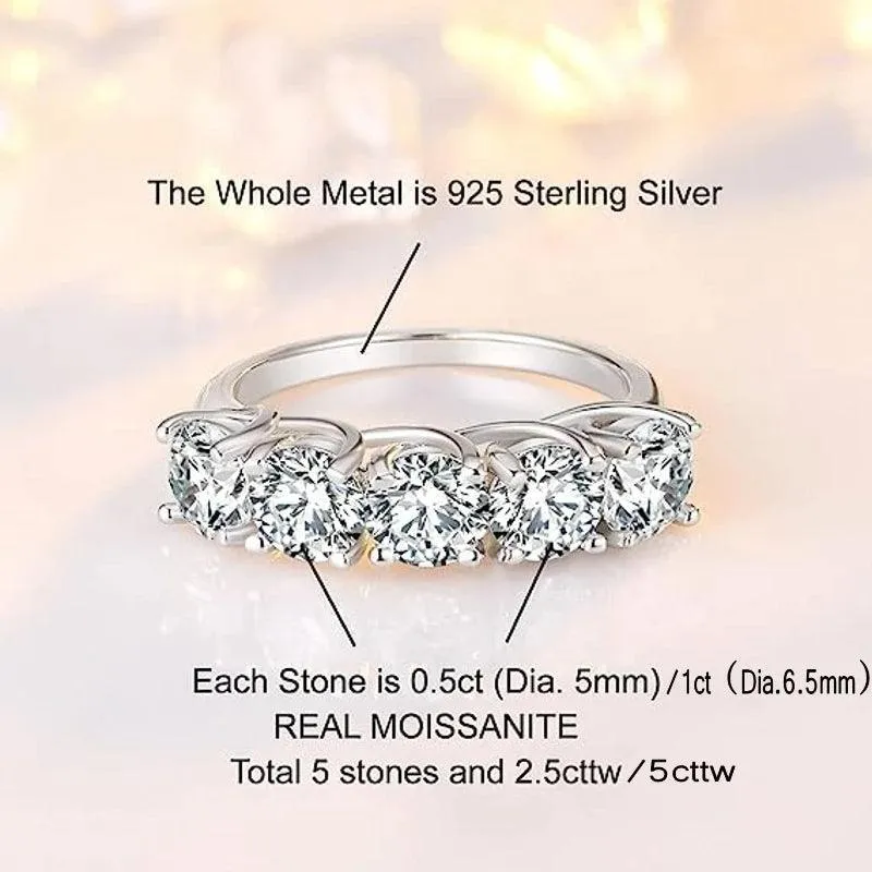 Luxury 2.5-5 Carat 5 Pcs Moissanite Diamonds Half Row Eternity  Rings -  Silver Wedding Engagement Fine Jewellery