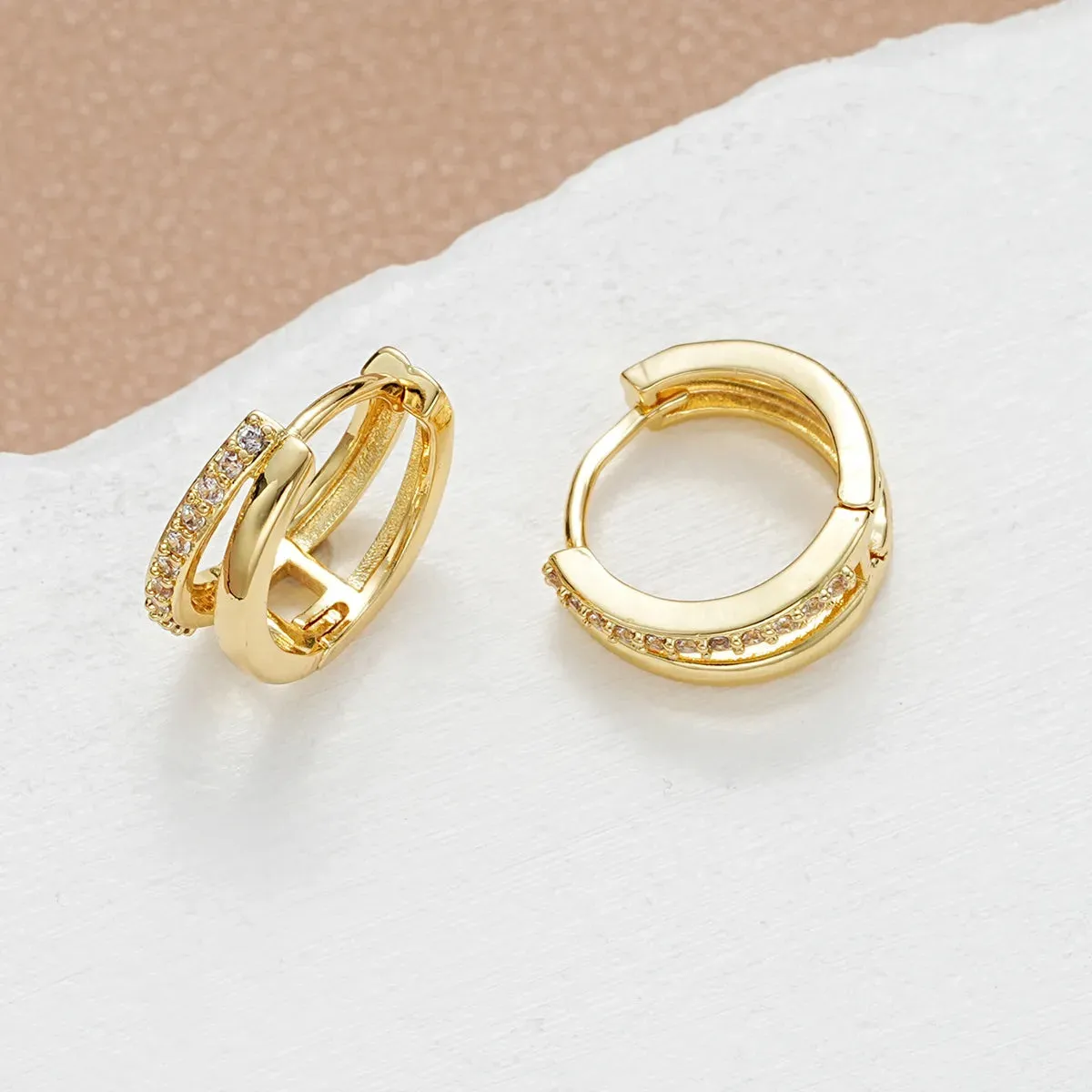 Luxury Double Ring Crystal Huggie Stainless Steel Hoop Earrings for Women Elegant Minimalist Style Jewelry Accessories