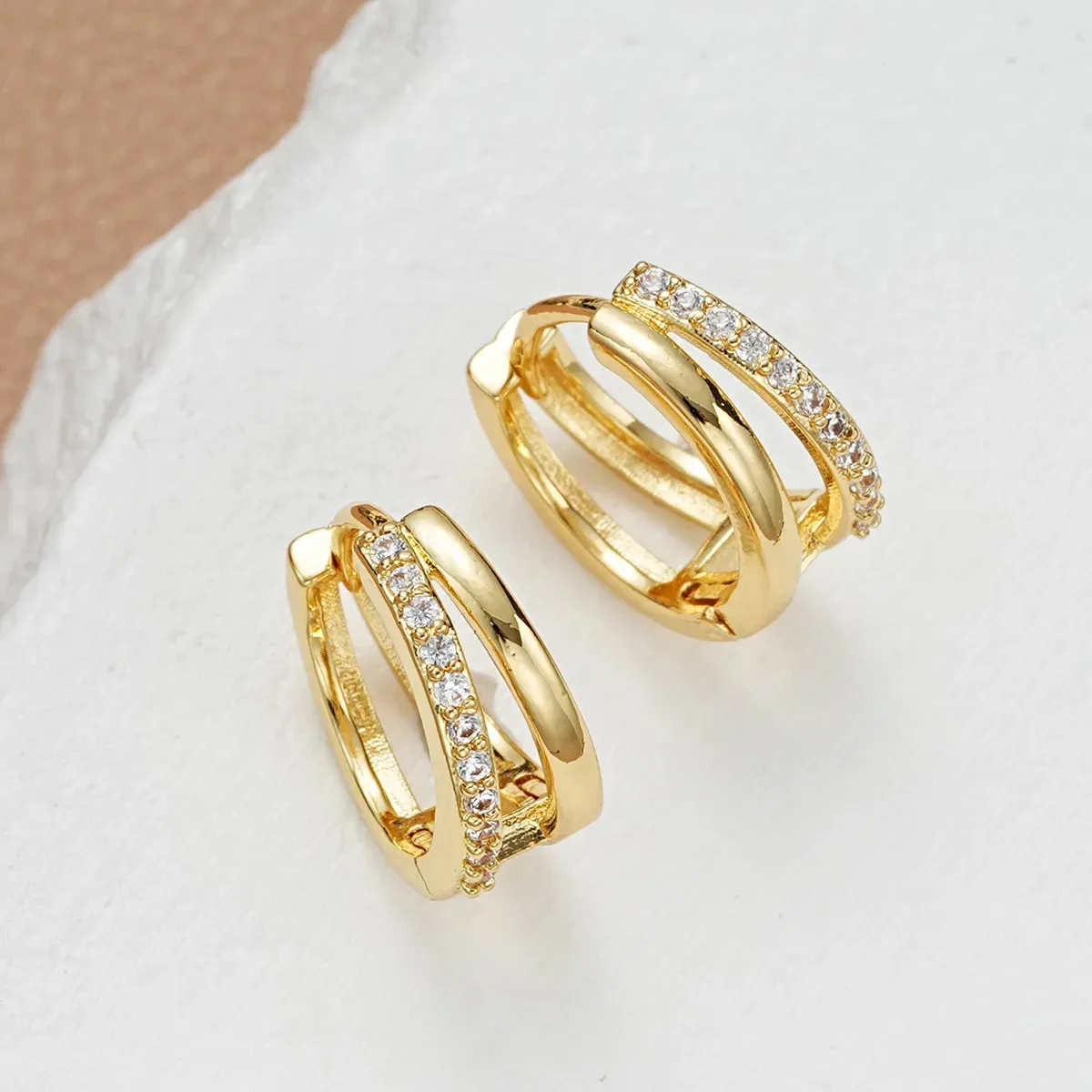 Luxury Double Ring Crystal Huggie Stainless Steel Hoop Earrings for Women Elegant Minimalist Style Jewelry Accessories