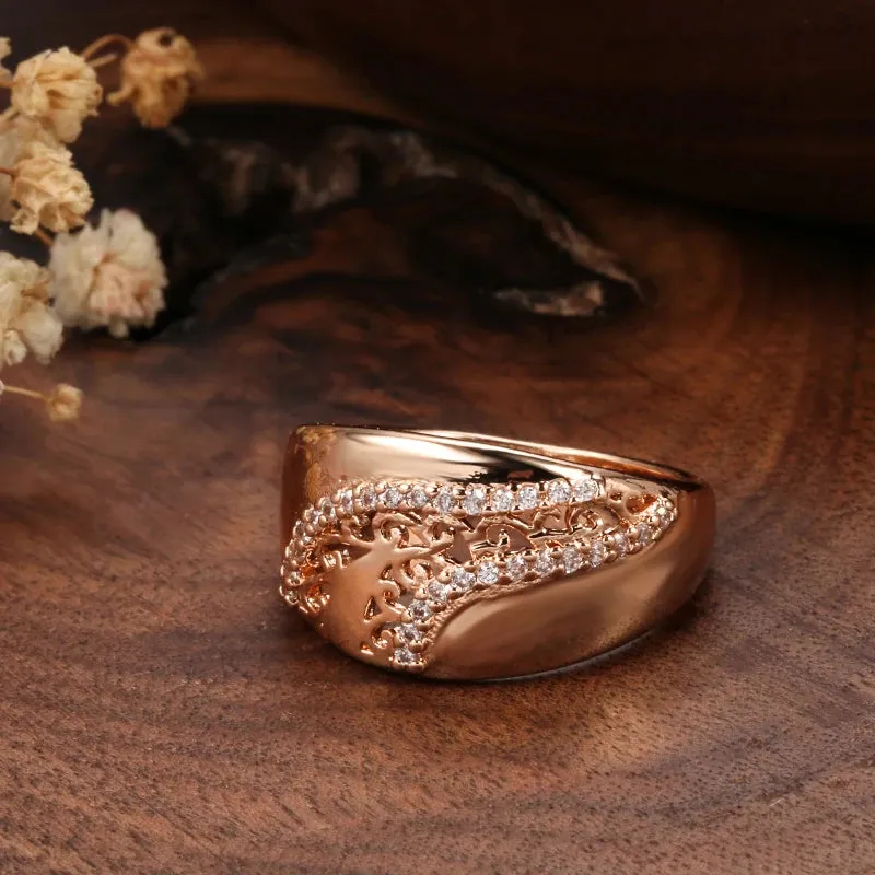 Luxury Ethnic Weaving Patterned Rolled 14K Rose Gold Shiny AAA  Zircon Diamonds Queen Crown Rings For Women