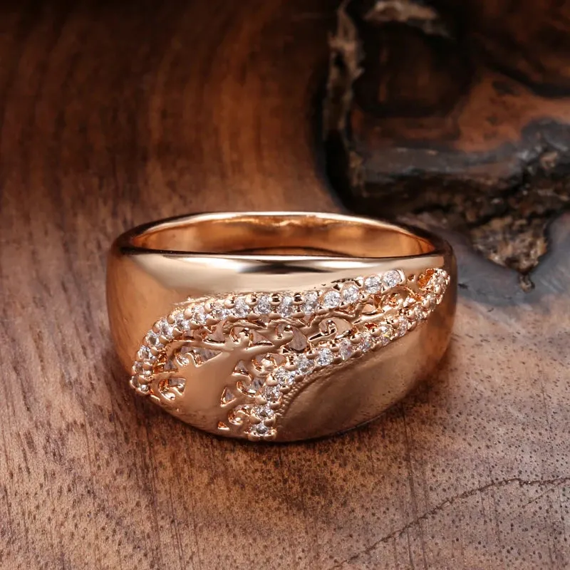 Luxury Ethnic Weaving Patterned Rolled 14K Rose Gold Shiny AAA  Zircon Diamonds Queen Crown Rings For Women