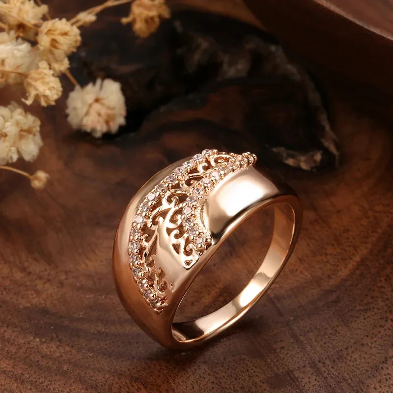 Luxury Ethnic Weaving Patterned Rolled 14K Rose Gold Shiny AAA  Zircon Diamonds Queen Crown Rings For Women