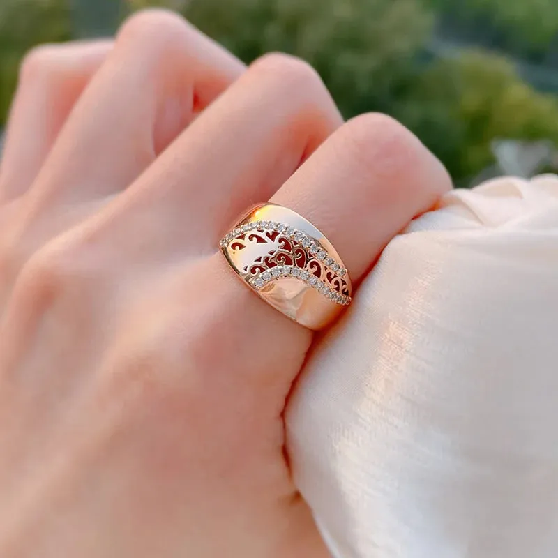 Luxury Ethnic Weaving Patterned Rolled 14K Rose Gold Shiny AAA  Zircon Diamonds Queen Crown Rings For Women