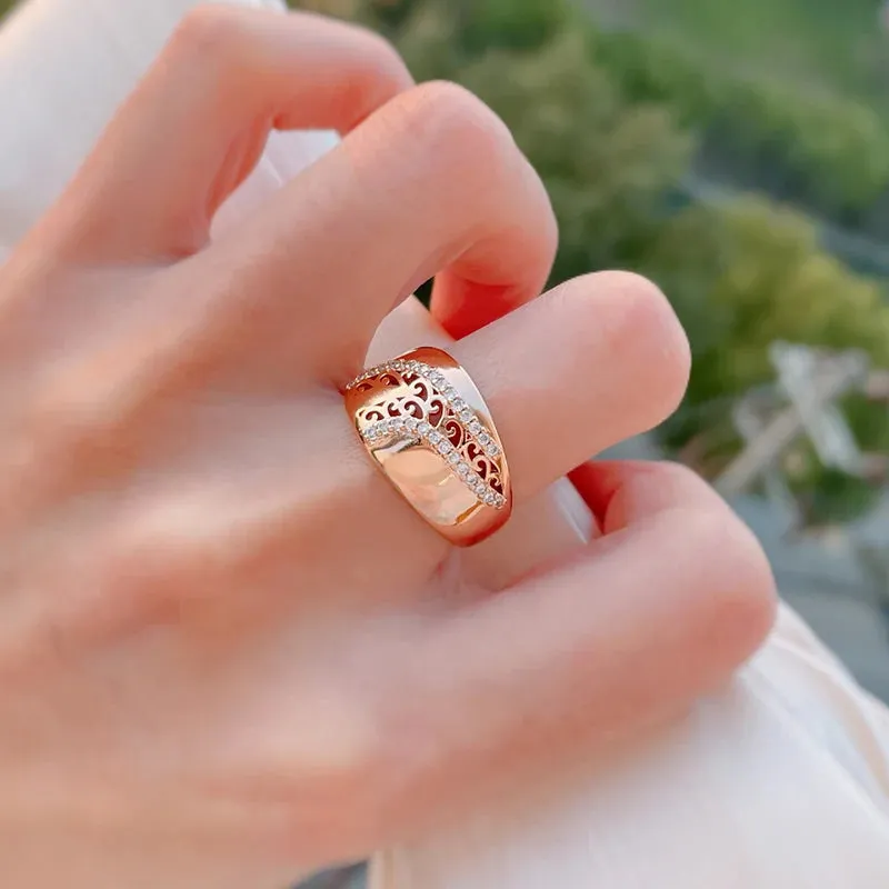 Luxury Ethnic Weaving Patterned Rolled 14K Rose Gold Shiny AAA  Zircon Diamonds Queen Crown Rings For Women