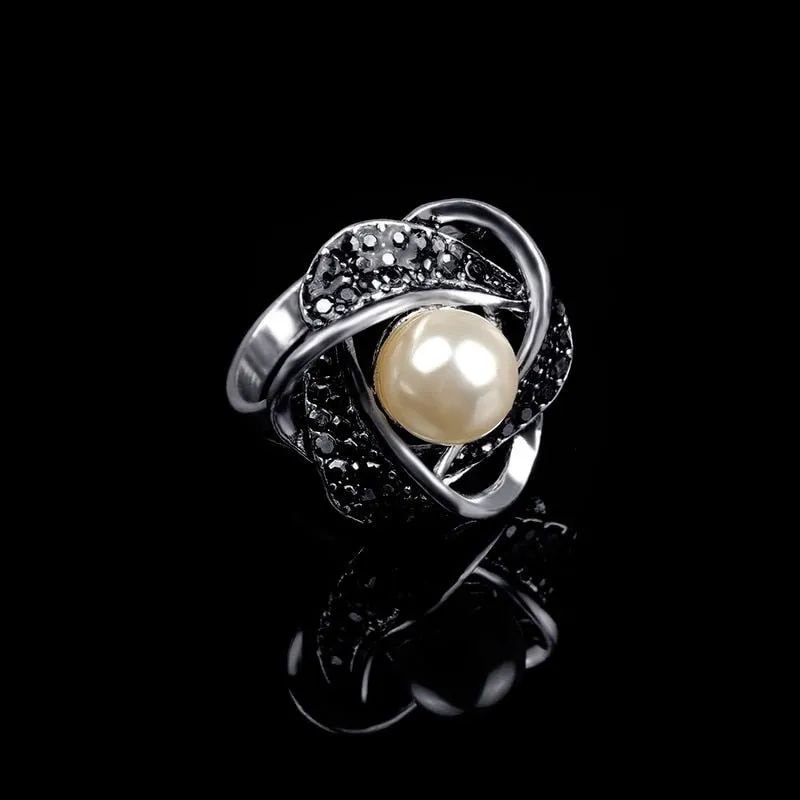 Luxury Hollowed Pearl Ring Women Bridal Wedding Jewelry