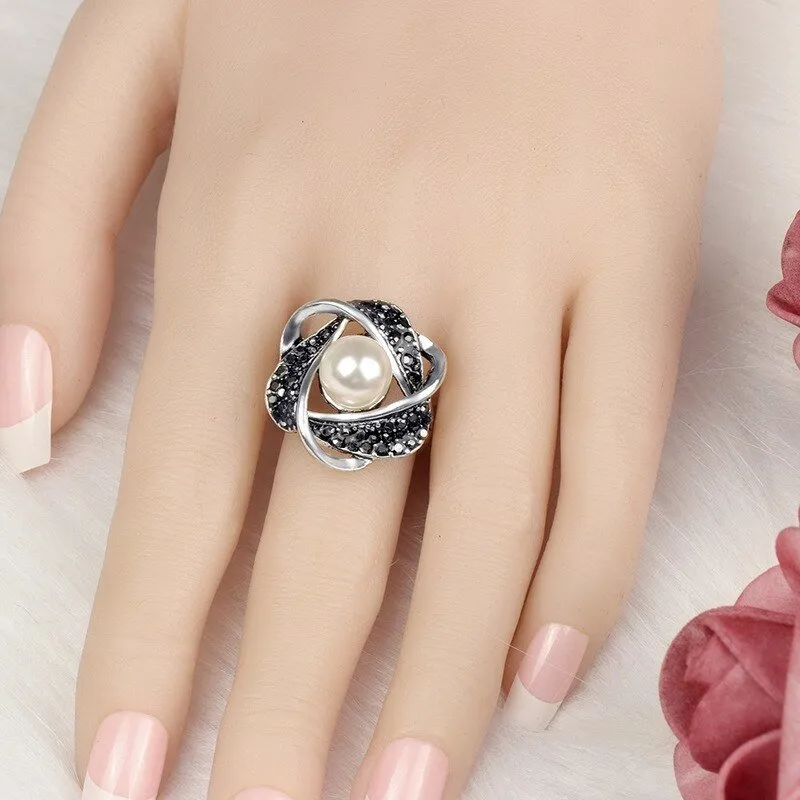 Luxury Hollowed Pearl Ring Women Bridal Wedding Jewelry