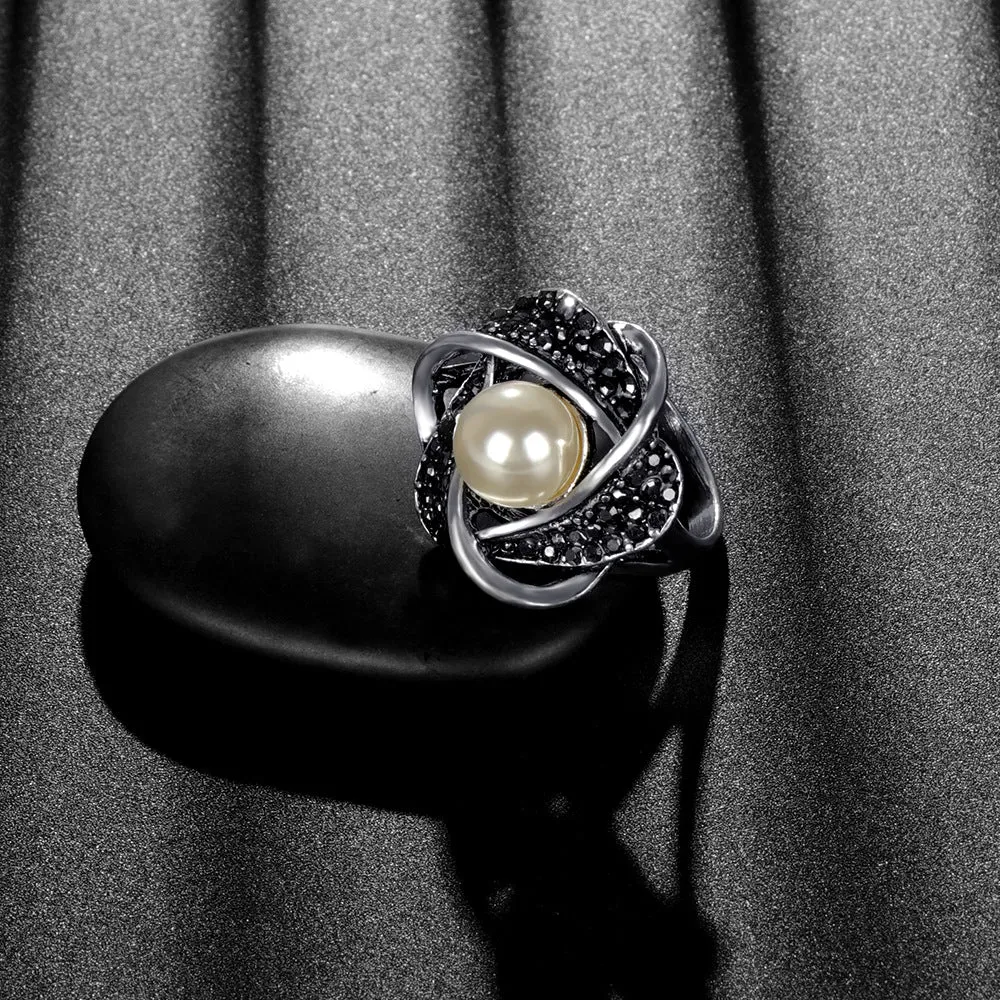 Luxury Hollowed Pearl Ring Women Bridal Wedding Jewelry