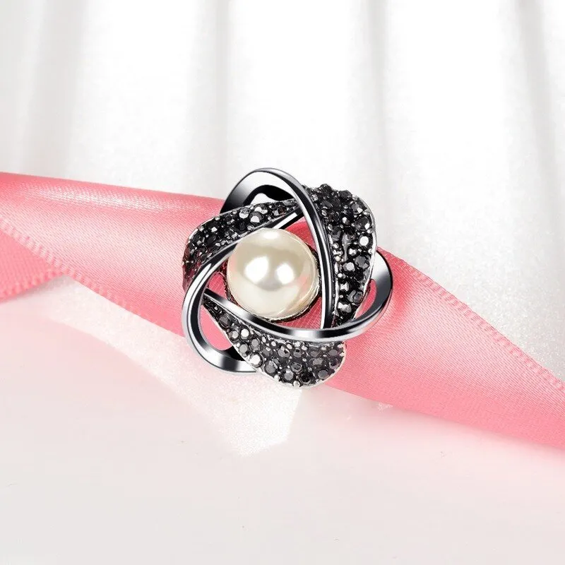 Luxury Hollowed Pearl Ring Women Bridal Wedding Jewelry