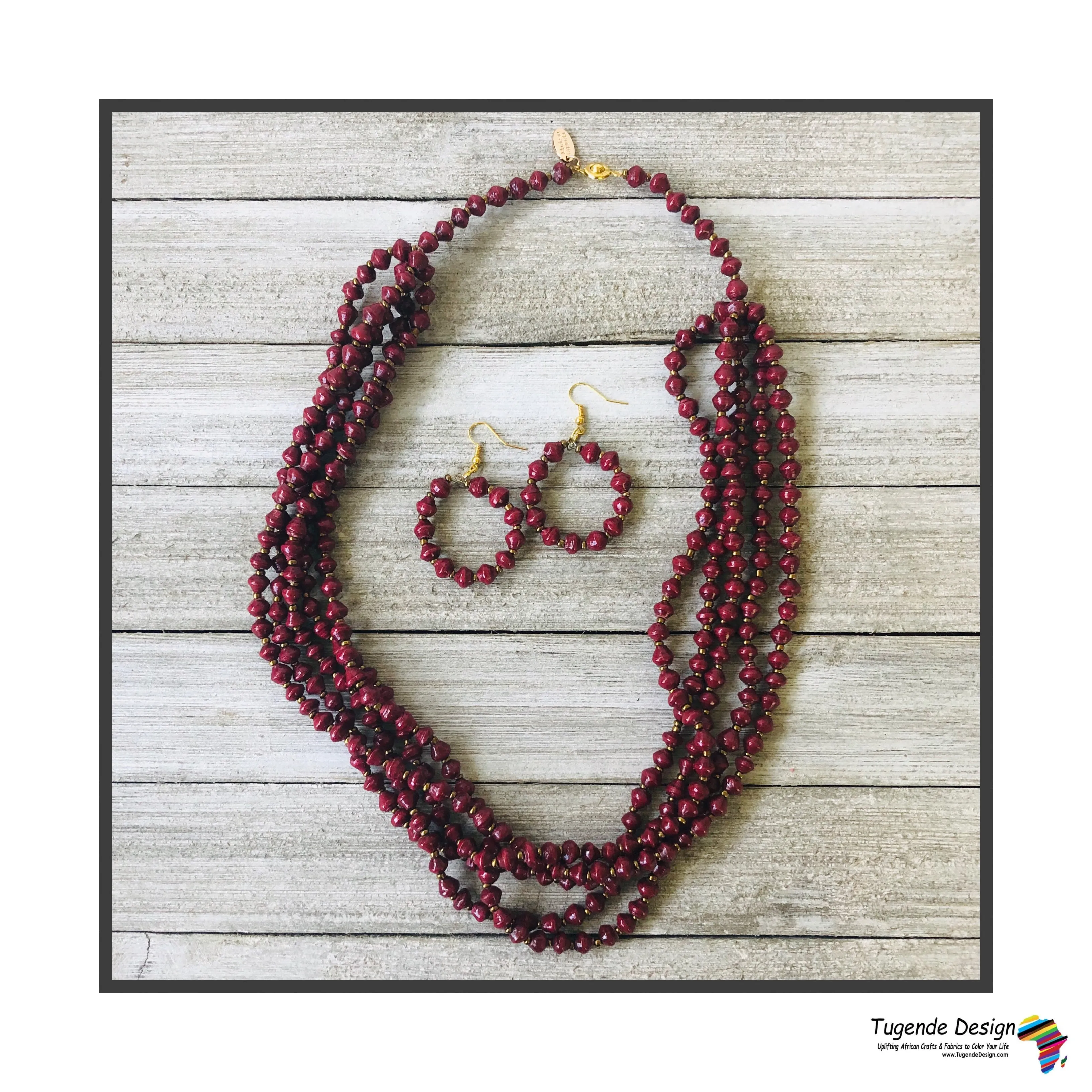 Maggie Cranberry Colored Handmade Beaded Multi Strand Necklace Set with Hoop Earrings