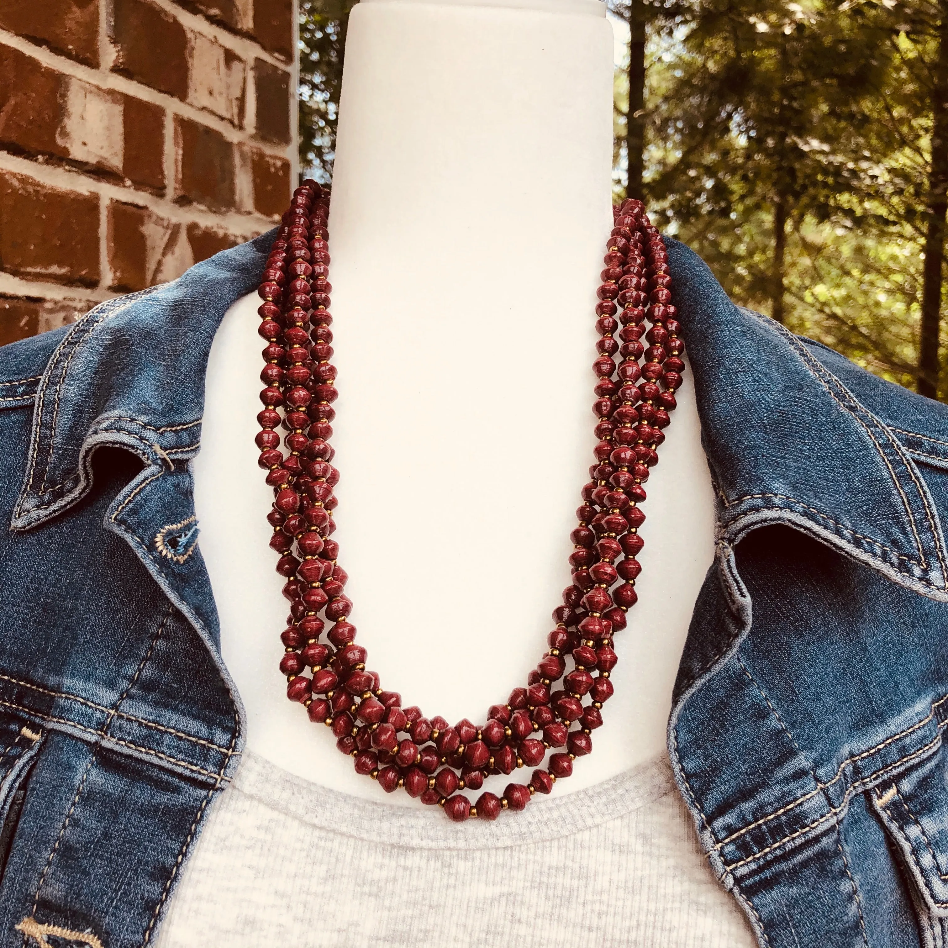 Maggie Cranberry Colored Handmade Beaded Multi Strand Necklace Set with Hoop Earrings