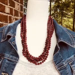 Maggie Cranberry Colored Handmade Beaded Multi Strand Necklace Set with Hoop Earrings