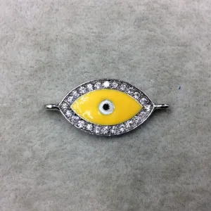 Medium Yellow Enameled Silver Plated Copper Rhinestone Inlaid Evil Eye Shaped Focal Connector - Measuring 15mm x 25mm, Approximately