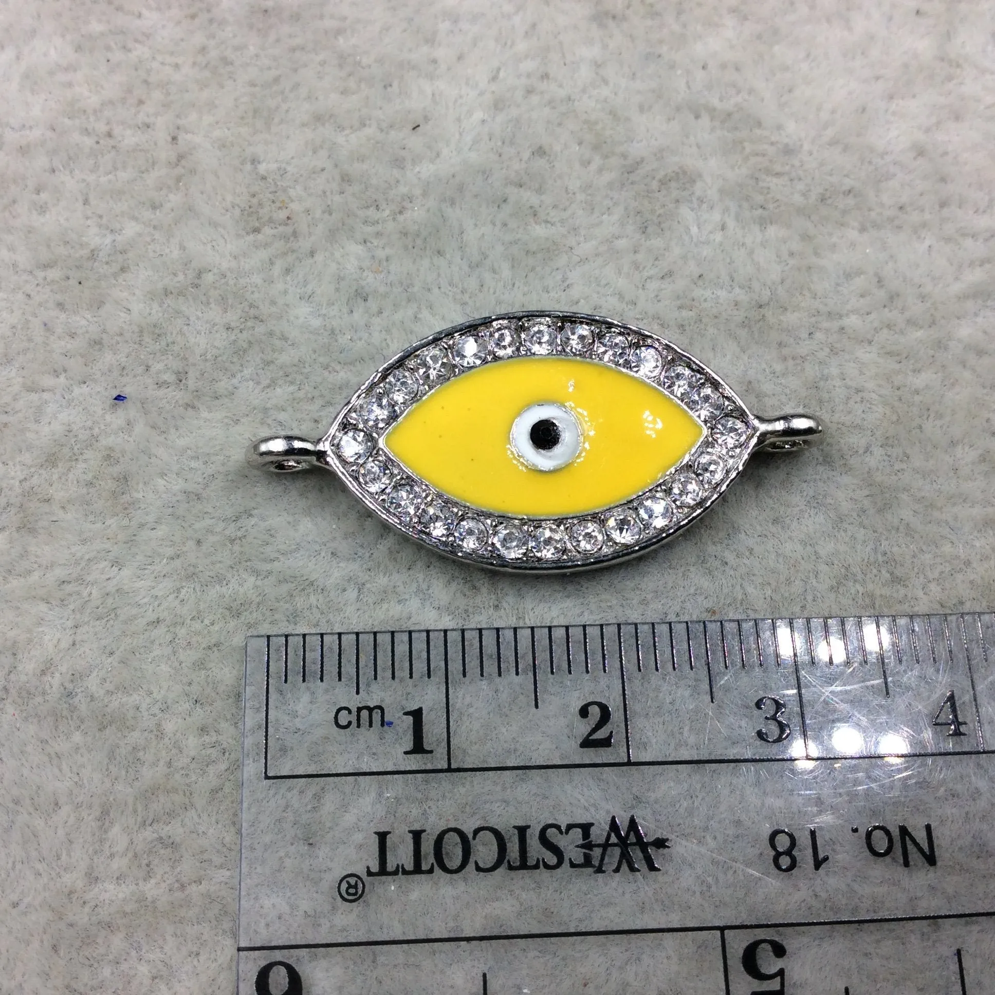 Medium Yellow Enameled Silver Plated Copper Rhinestone Inlaid Evil Eye Shaped Focal Connector - Measuring 15mm x 25mm, Approximately