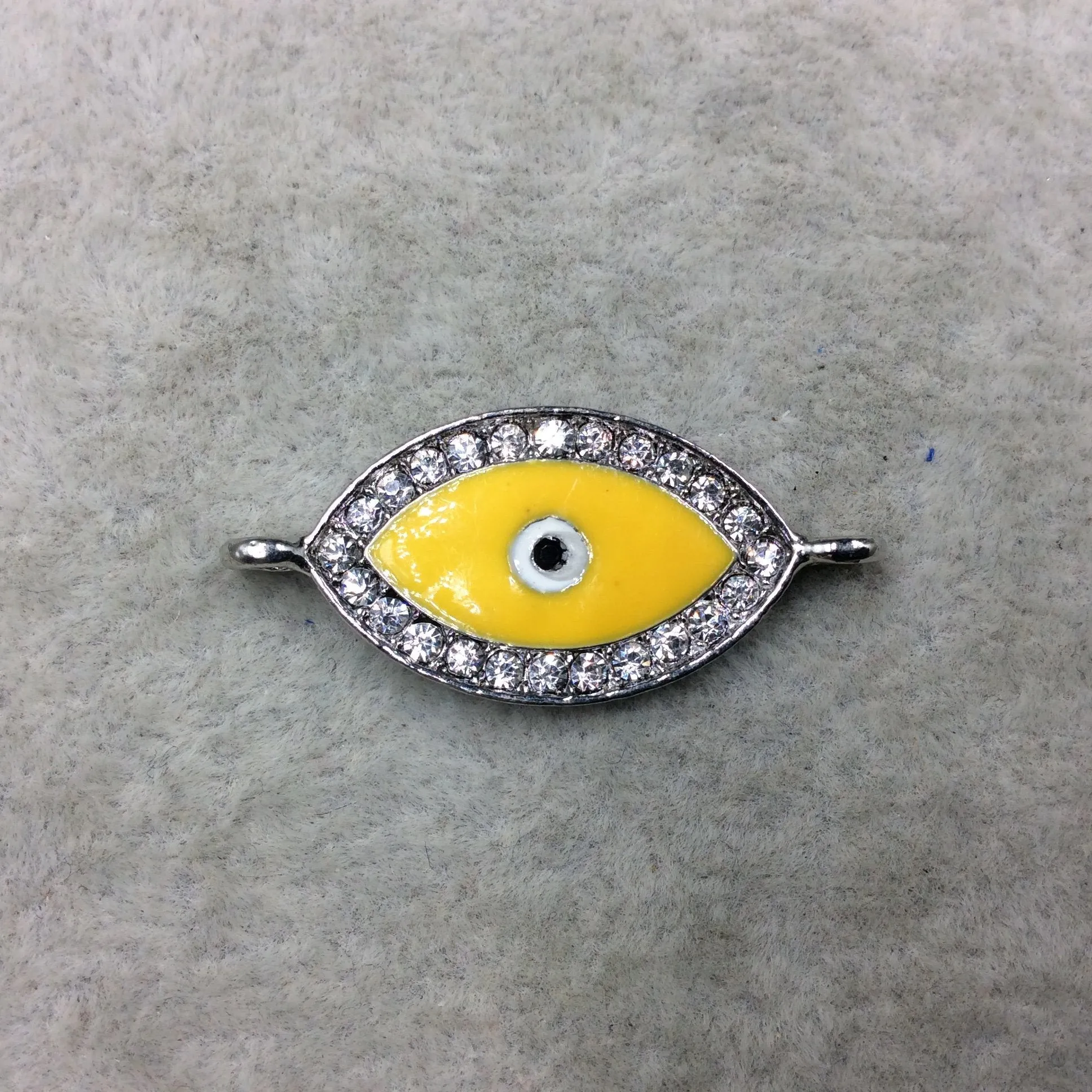 Medium Yellow Enameled Silver Plated Copper Rhinestone Inlaid Evil Eye Shaped Focal Connector - Measuring 15mm x 25mm, Approximately
