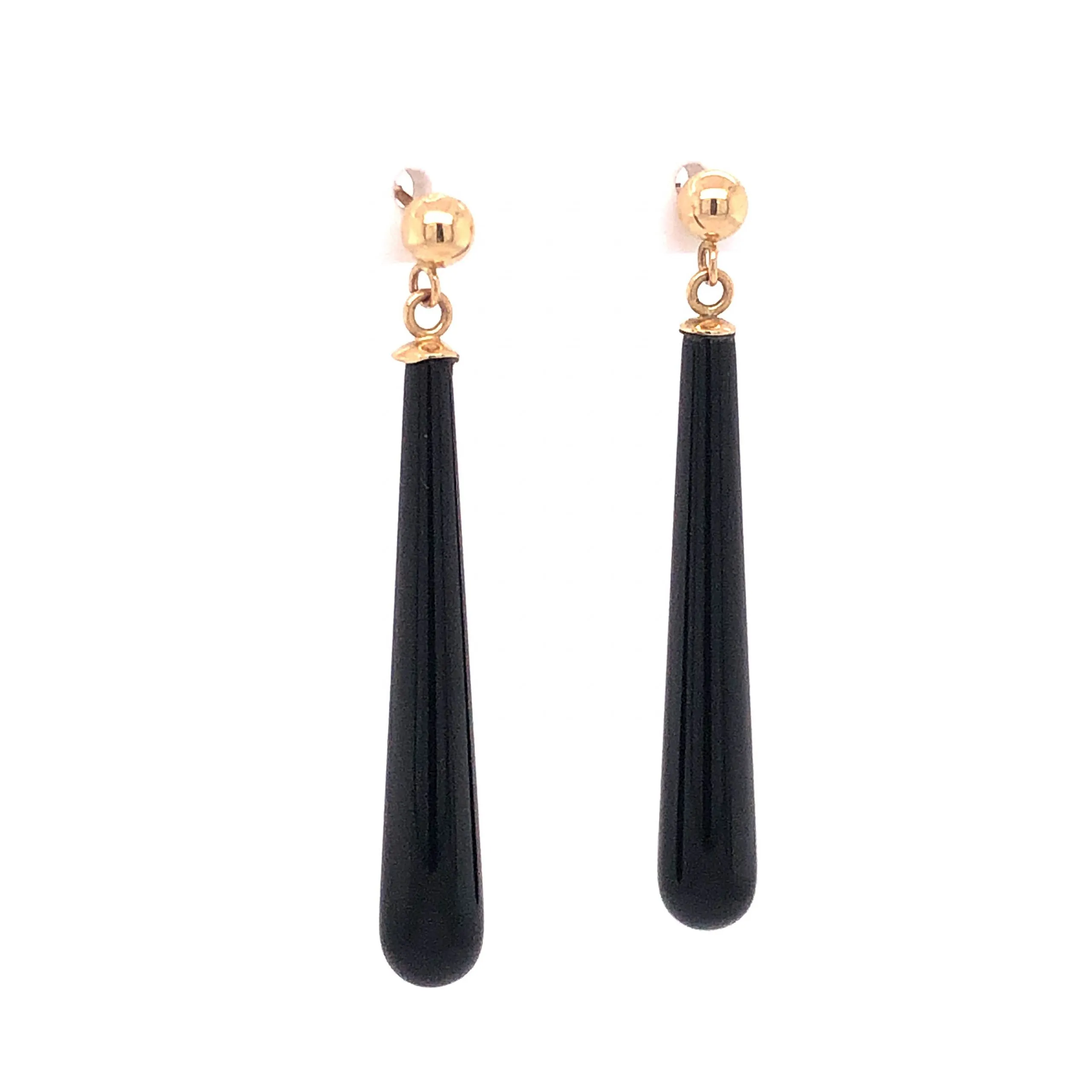 Mid-Century Onyx Drop Earrings 14k Yellow Gold
