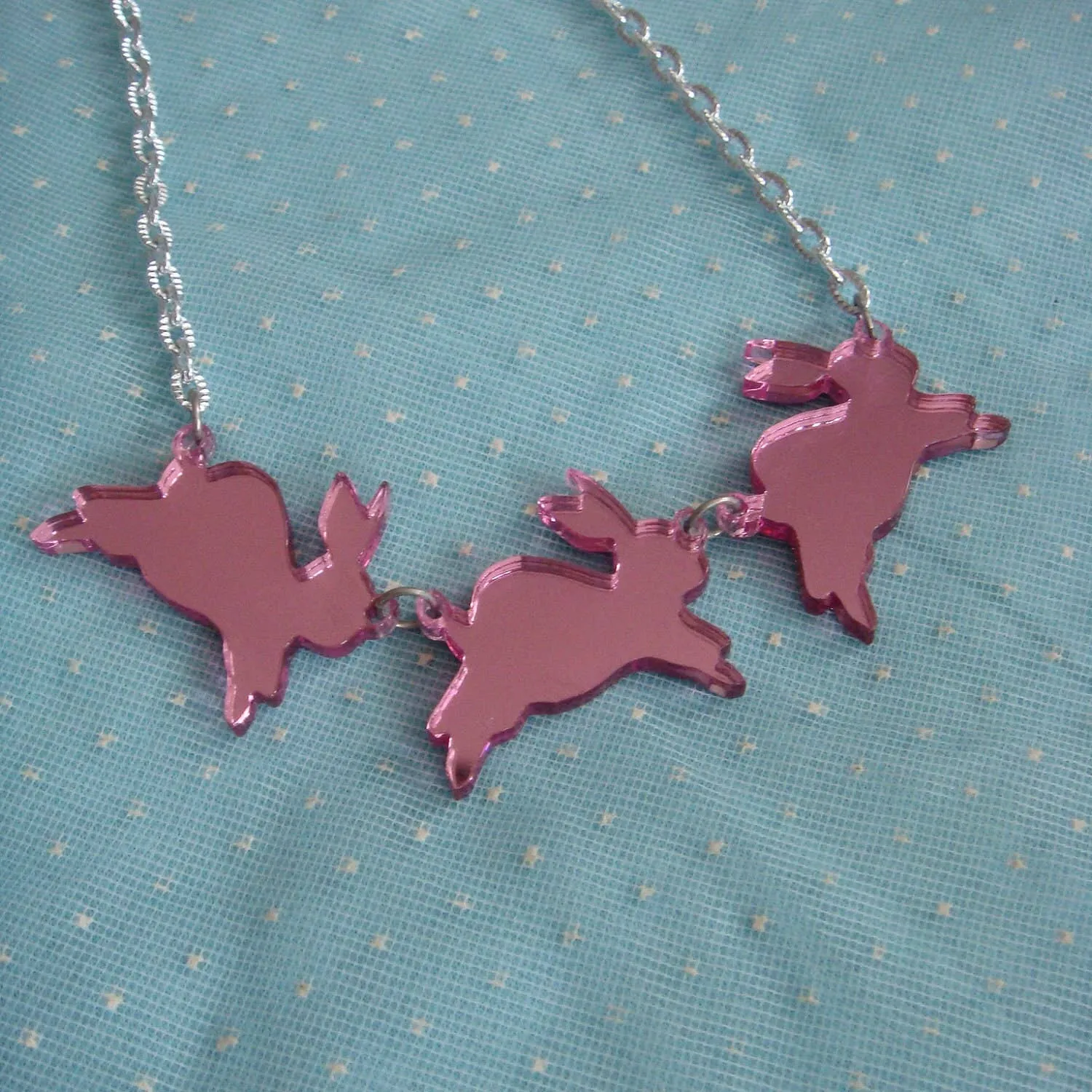Mirror Bouncing Bunnies, Bunny Rabbit Necklace, Laser Cut Acrylic, Plastic Jewelry