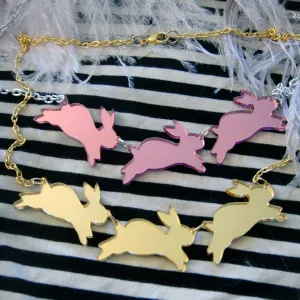 Mirror Bouncing Bunnies, Bunny Rabbit Necklace, Laser Cut Acrylic, Plastic Jewelry