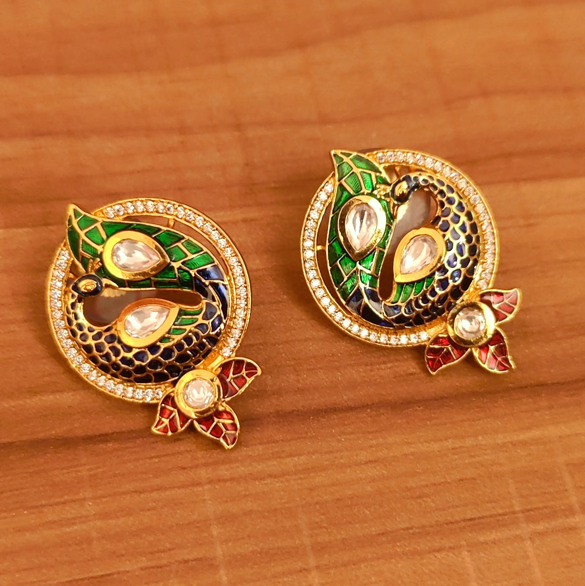 MULTICOLOUR MEENAKARI KUNDAN LOOK PEACOCK STUDS