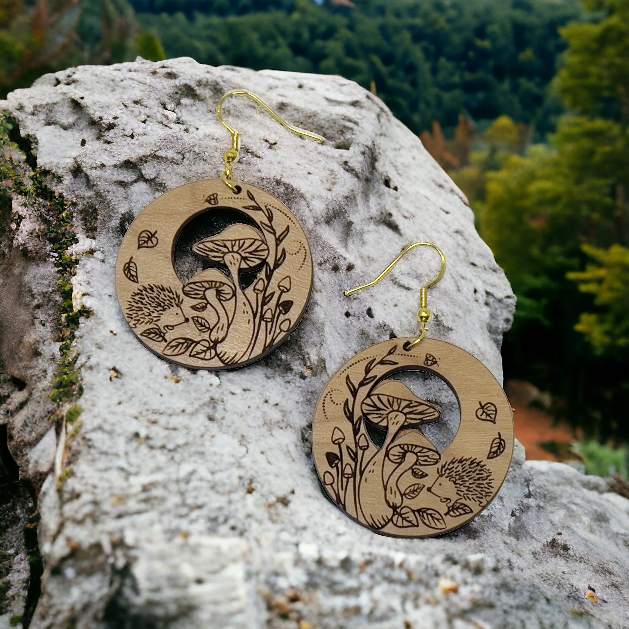 Mushroom Earrings, Rustic Dangle Earrings, Boho Animal Earring, Cute Hedgehog Earring, Wildlife Wood Earring, Country Western Hippie Jewelry