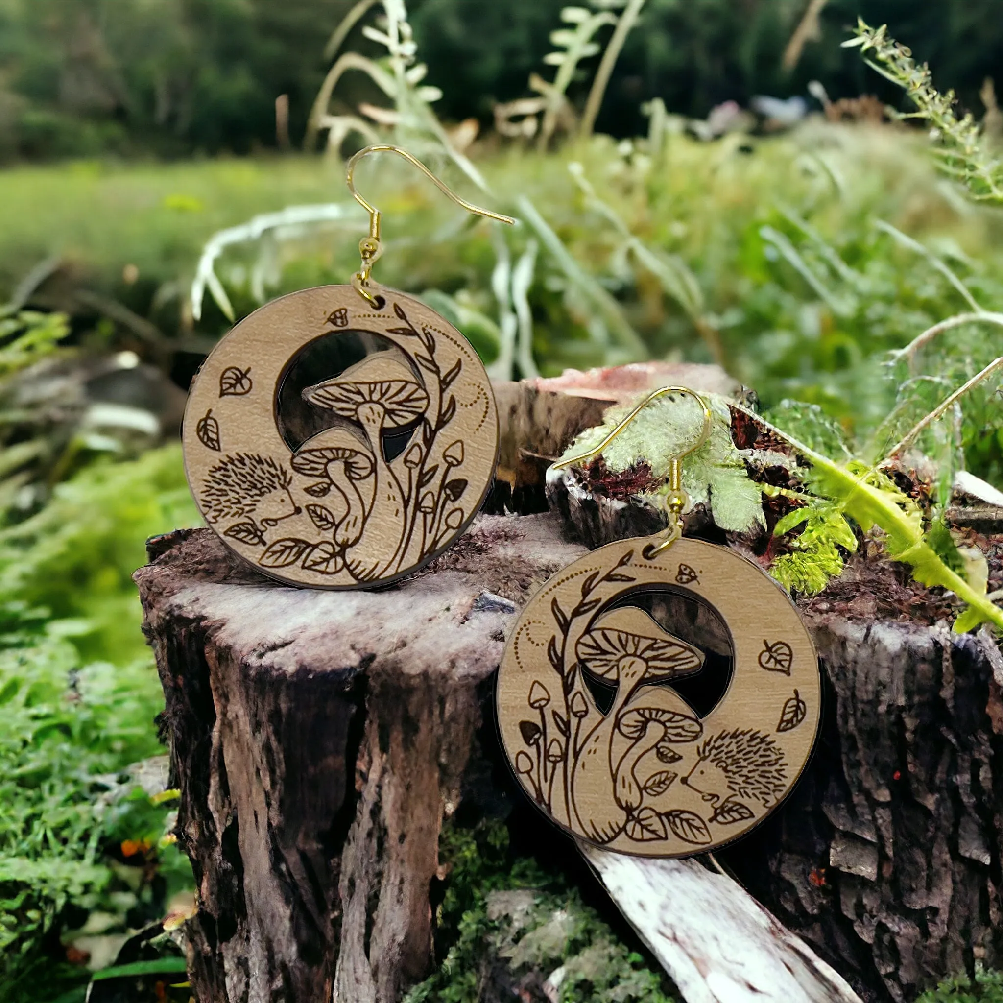 Mushroom Earrings, Rustic Dangle Earrings, Boho Animal Earring, Cute Hedgehog Earring, Wildlife Wood Earring, Country Western Hippie Jewelry