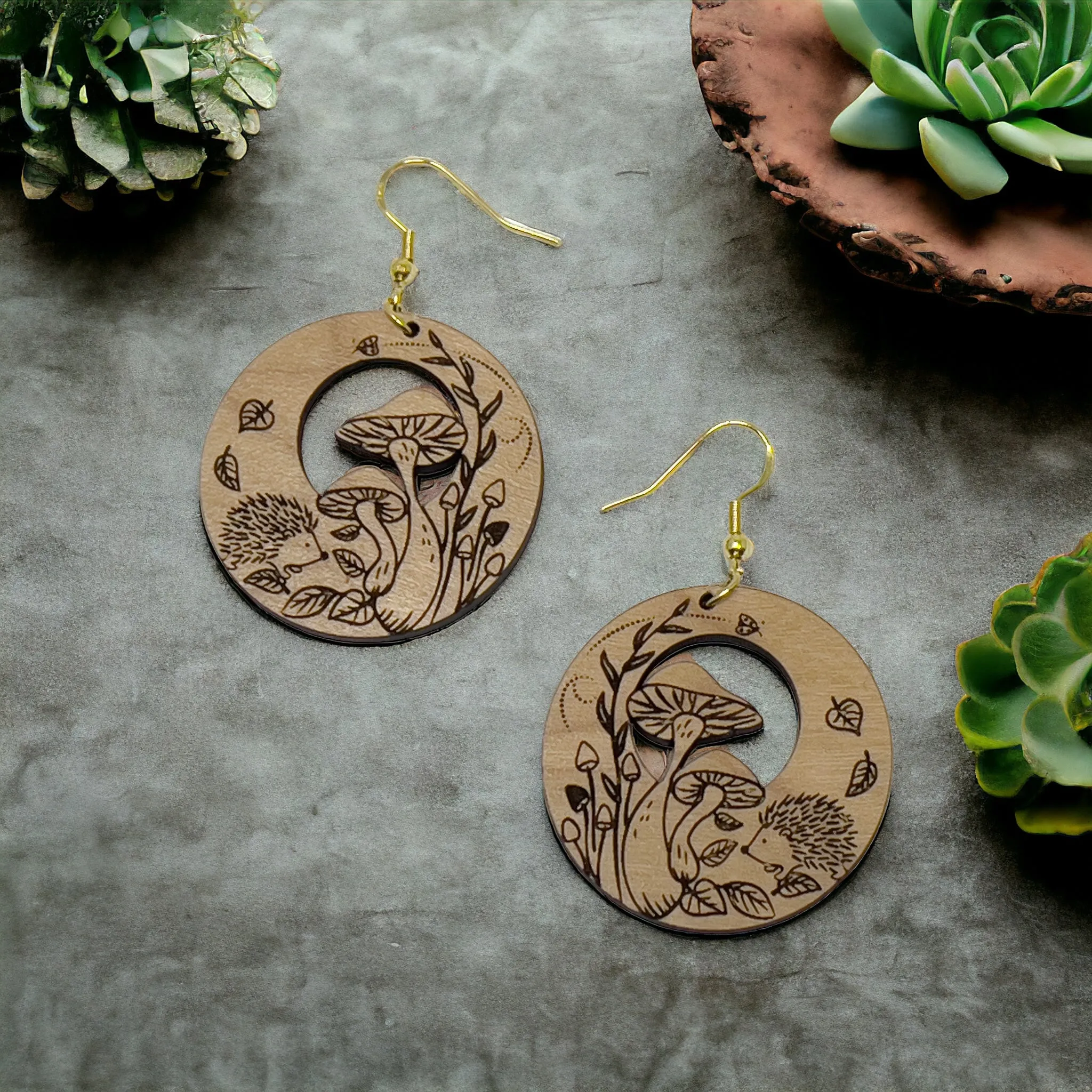Mushroom Earrings, Rustic Dangle Earrings, Boho Animal Earring, Cute Hedgehog Earring, Wildlife Wood Earring, Country Western Hippie Jewelry