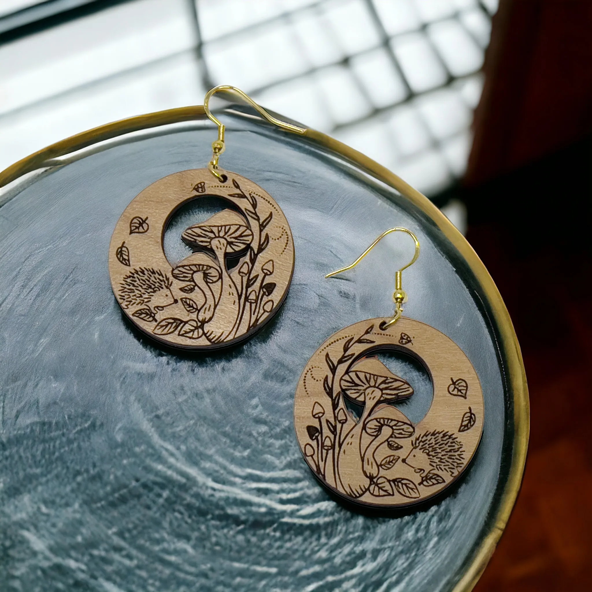 Mushroom Earrings, Rustic Dangle Earrings, Boho Animal Earring, Cute Hedgehog Earring, Wildlife Wood Earring, Country Western Hippie Jewelry