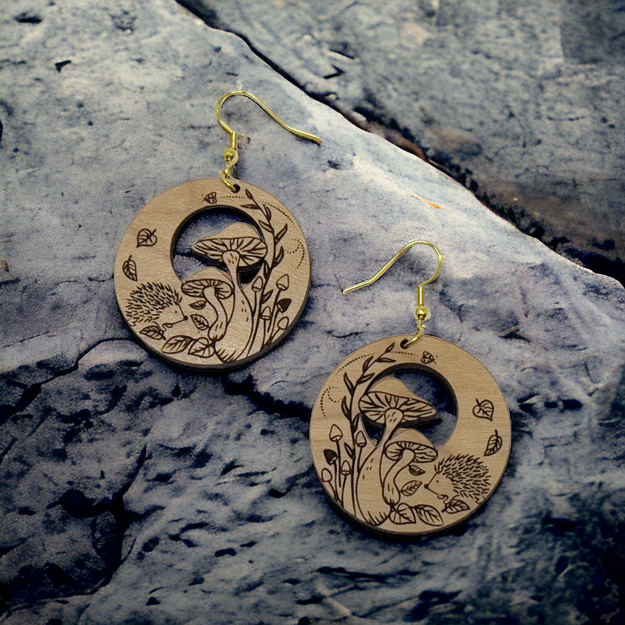 Mushroom Earrings, Rustic Dangle Earrings, Boho Animal Earring, Cute Hedgehog Earring, Wildlife Wood Earring, Country Western Hippie Jewelry