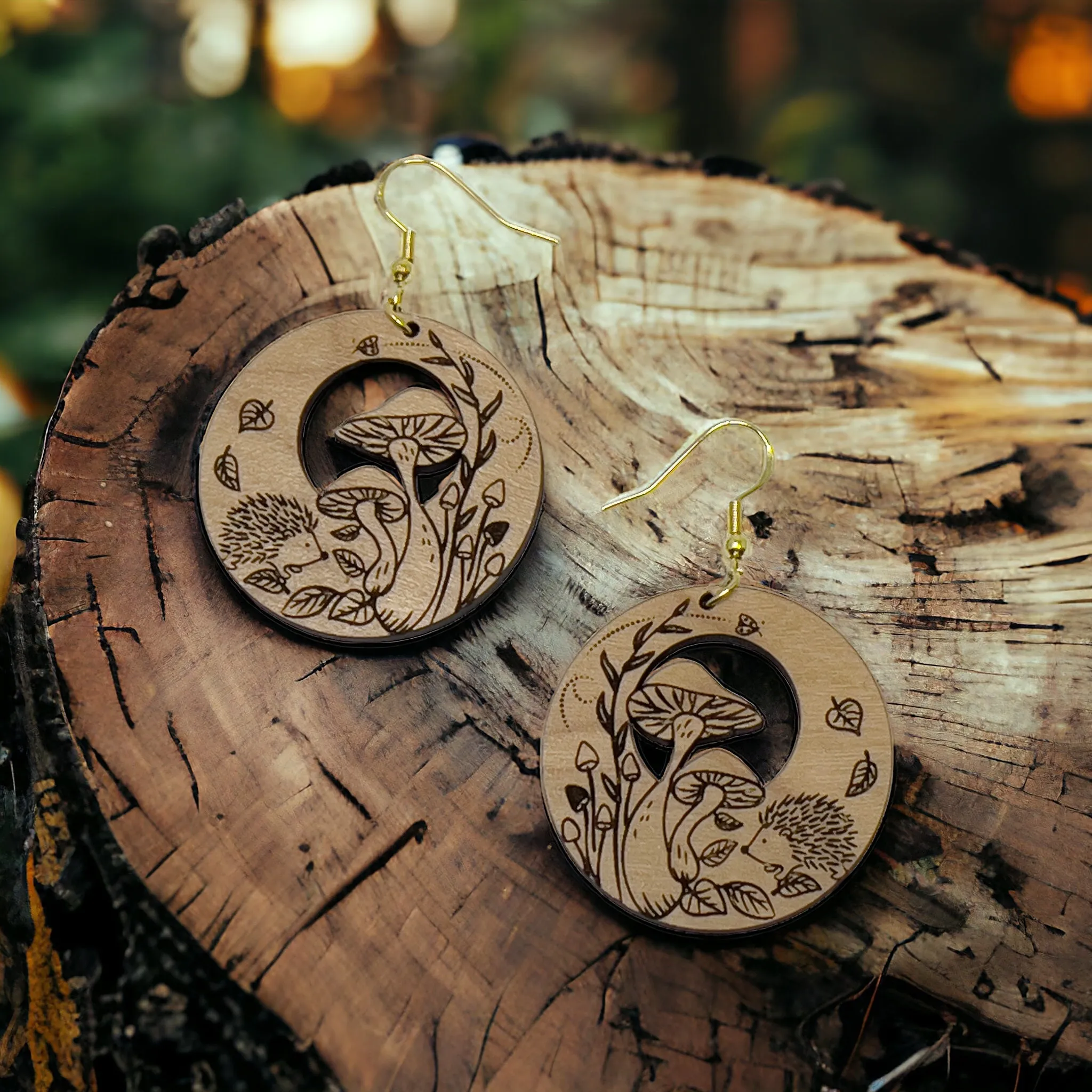Mushroom Earrings, Rustic Dangle Earrings, Boho Animal Earring, Cute Hedgehog Earring, Wildlife Wood Earring, Country Western Hippie Jewelry