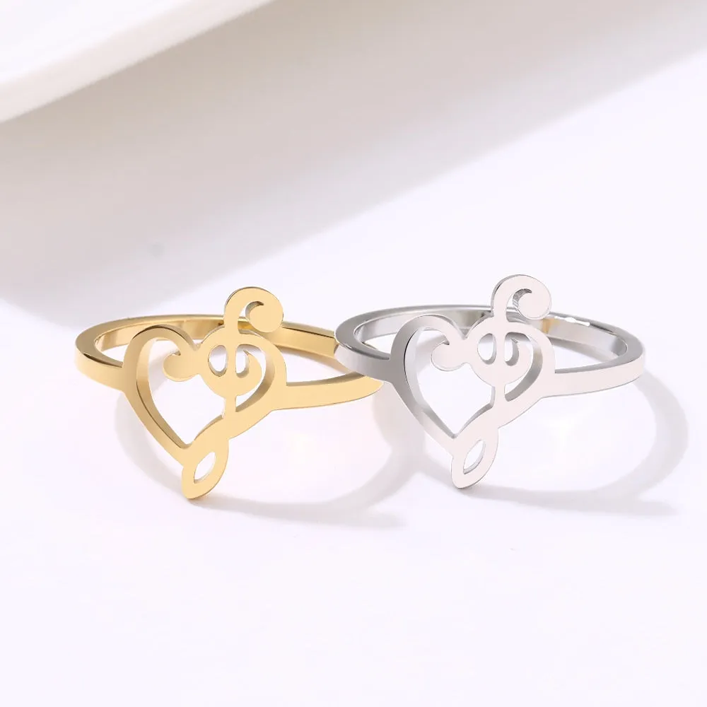Music Note Heart Stainless Steel Bohemian Finger Rings for Women