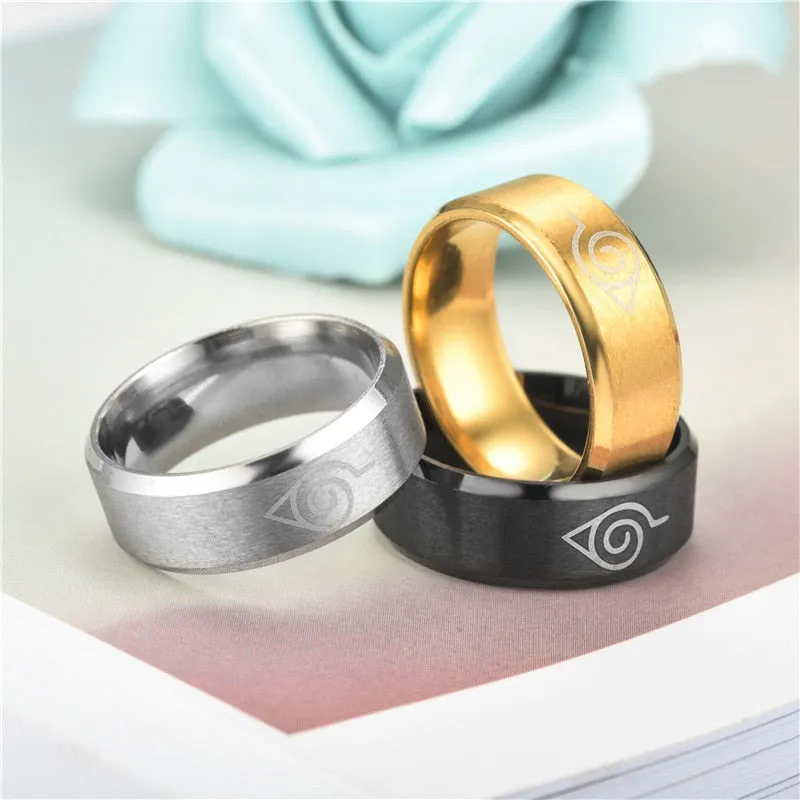 Naruto Konoha Hidden Village Rings Silver Gold Black Titanium Steel Men/Women 8mm