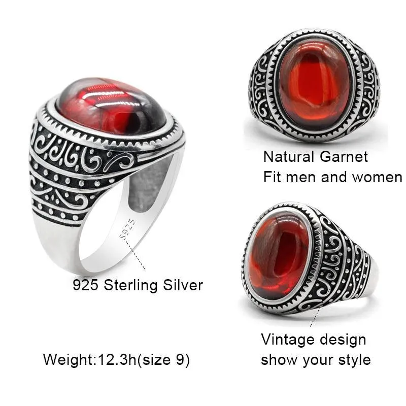 Natural Garnet Ring Vintage Silver Red Stone Ring