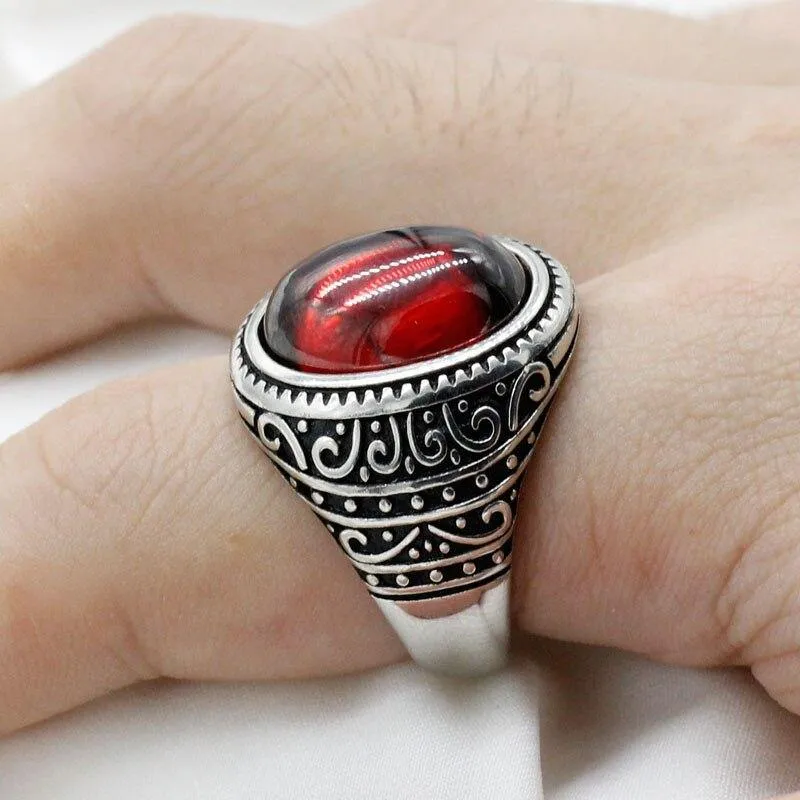 Natural Garnet Ring Vintage Silver Red Stone Ring