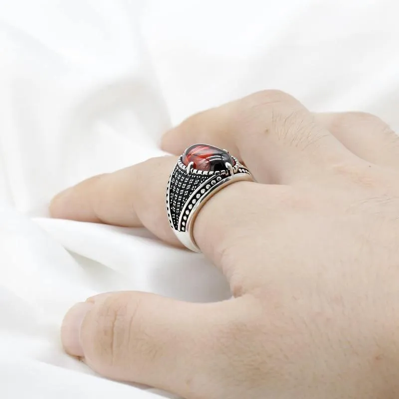 Natural Red Garnet Stone & Black CZ Vintage Silver Ring