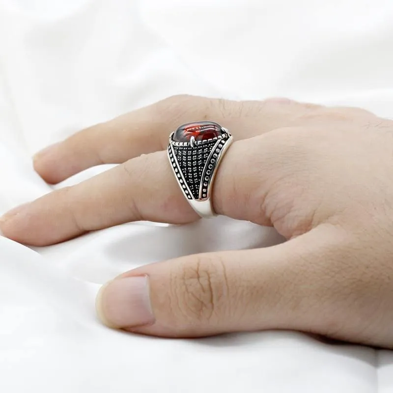 Natural Red Garnet Stone & Black CZ Vintage Silver Ring