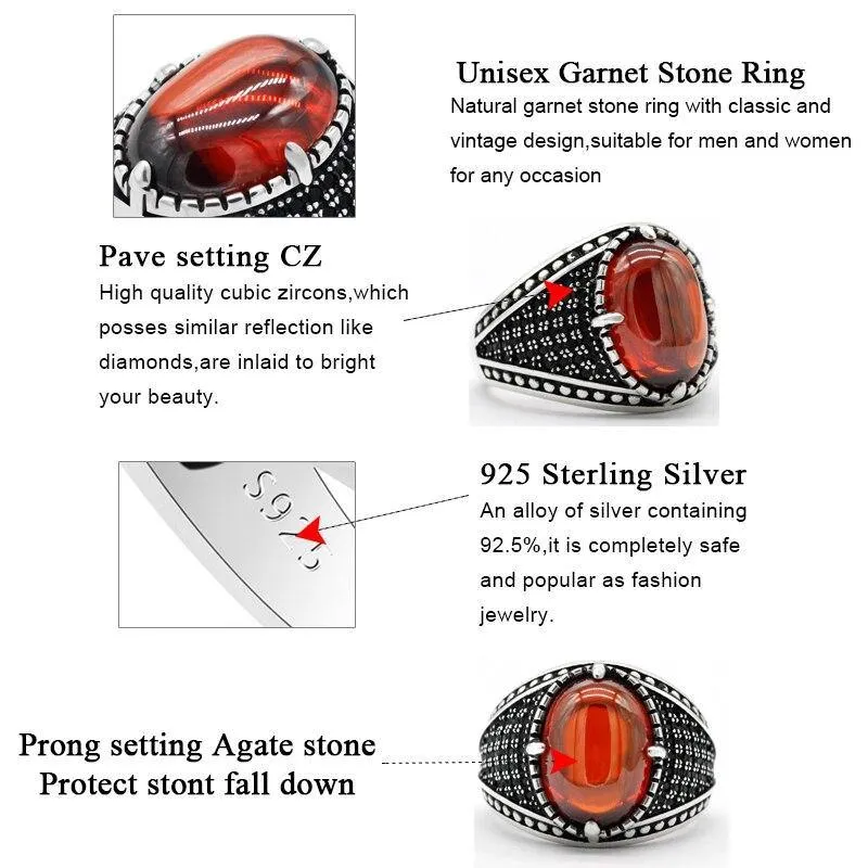Natural Red Garnet Stone & Black CZ Vintage Silver Ring