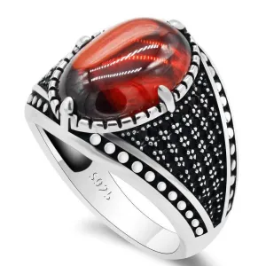 Natural Red Garnet Stone & Black CZ Vintage Silver Ring