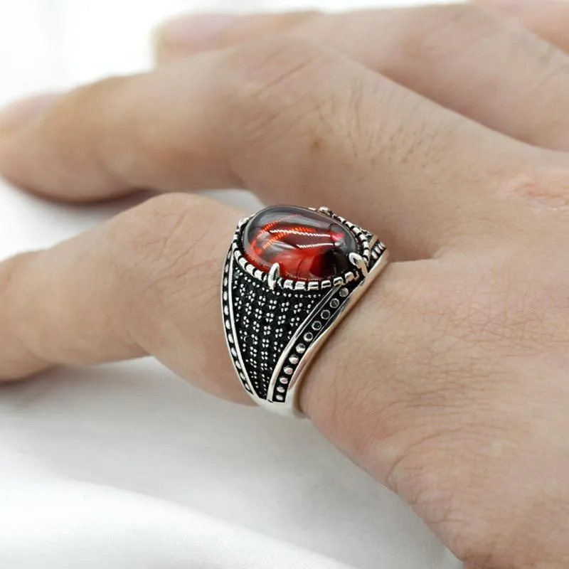 Natural Red Garnet Stone & Black CZ Vintage Silver Ring