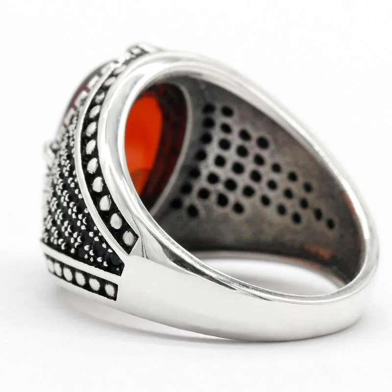 Natural Red Garnet Stone & Black CZ Vintage Silver Ring