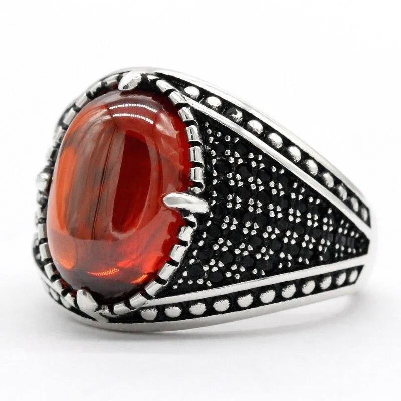 Natural Red Garnet Stone & Black CZ Vintage Silver Ring