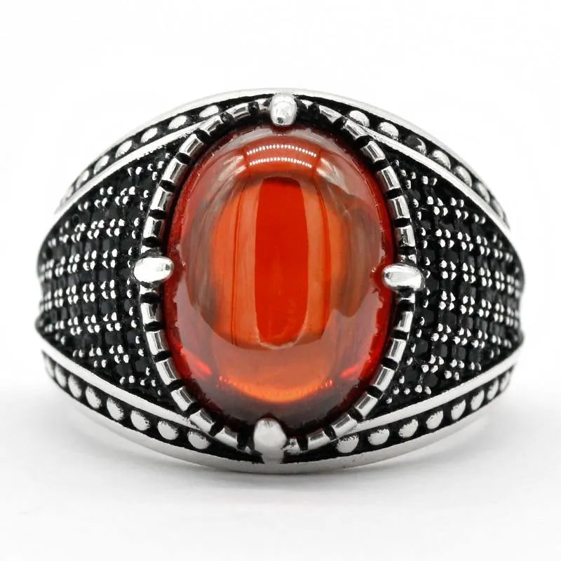 Natural Red Garnet Stone & Black CZ Vintage Silver Ring