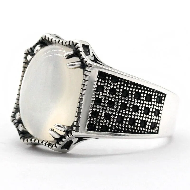 Natural White Agate and Spinel Silver Ring