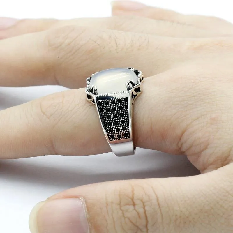Natural White Agate and Spinel Silver Ring