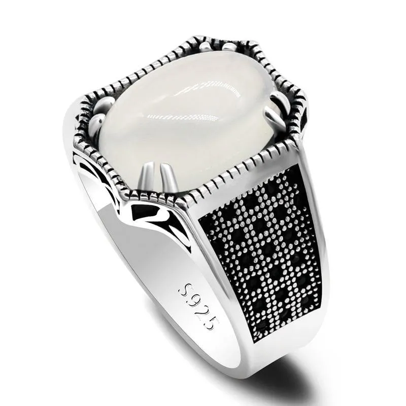 Natural White Agate and Spinel Silver Ring