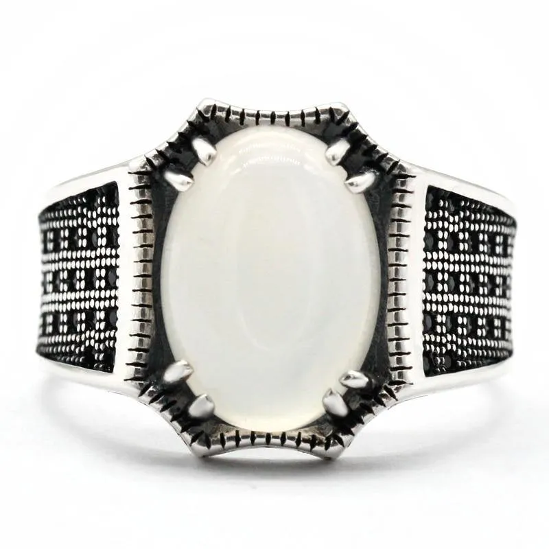 Natural White Agate and Spinel Silver Ring