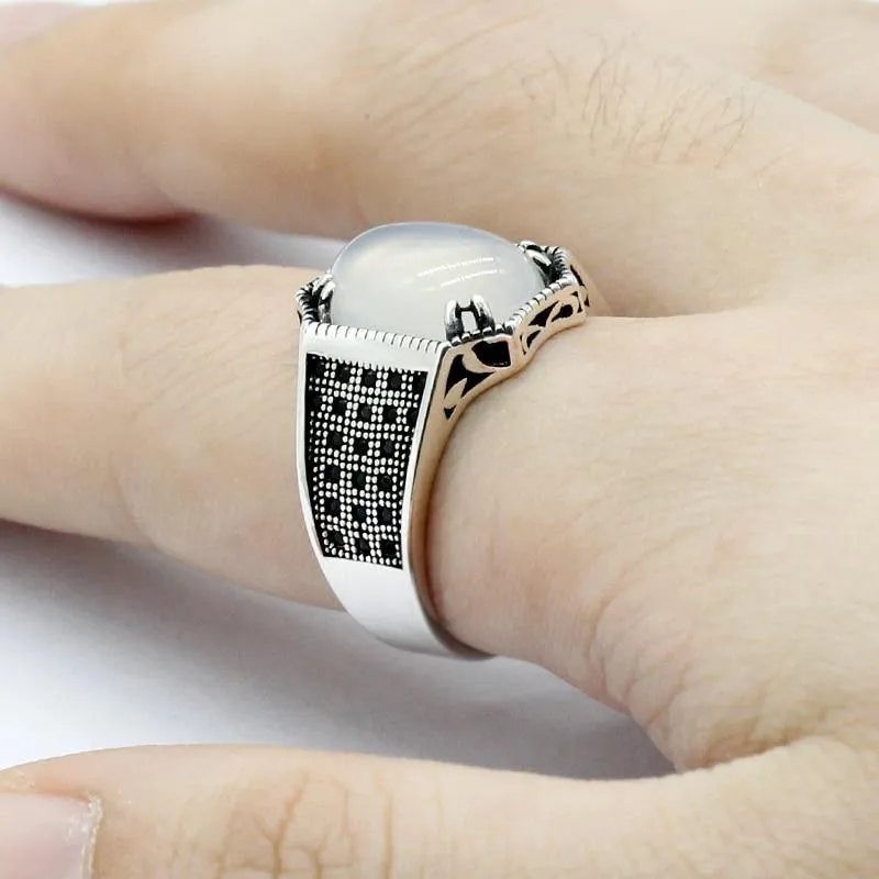 Natural White Agate and Spinel Silver Ring