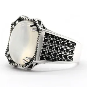 Natural White Agate and Spinel Silver Ring
